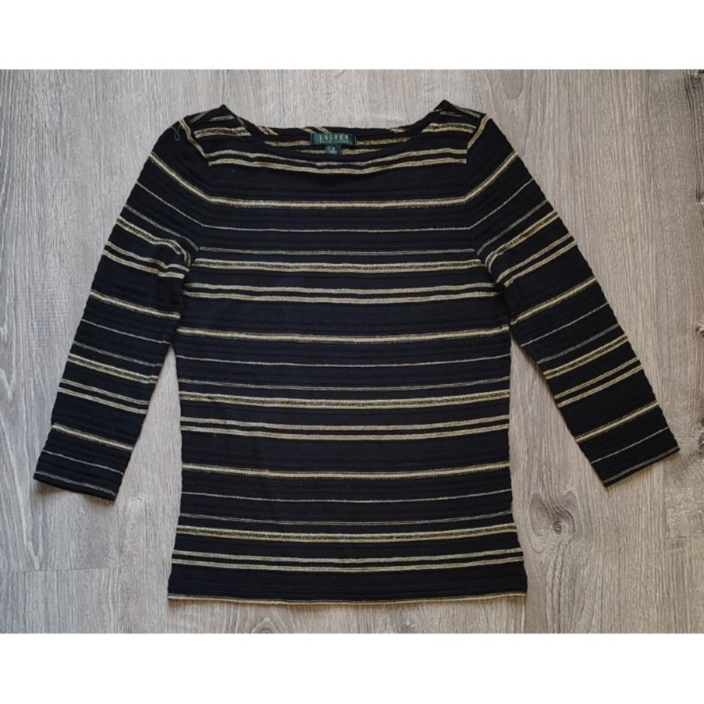 Lauren‎ Ralph Lauren Black Gold Metallic Stripes Small Top Shirt Cotton Blend